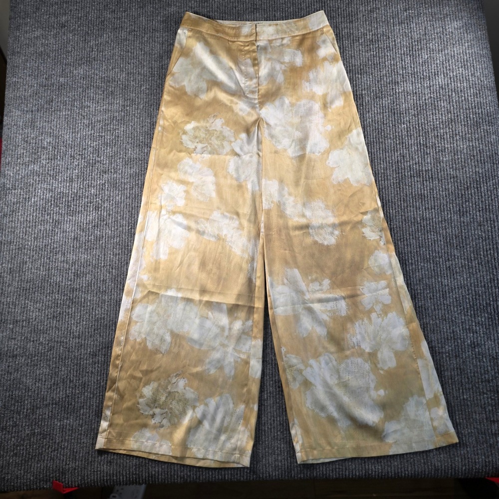 Commense Tan Floral Wide Leg Satin Trousers Watercolor Print High Waist Pants M